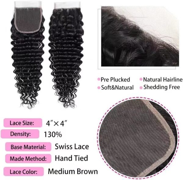 4x4 Swiss Lace Deep Wave Human Hair Free Part/ Middle Part/ Three Part Lace Closure - Image 2