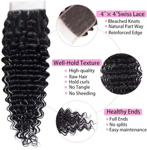 4x4 Swiss Lace Deep Wave Human Hair Free Part/ Middle Part/ Three Part Lace Closure - Image 3